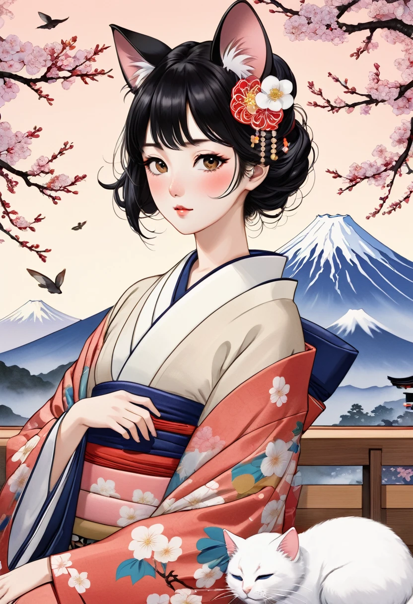 (utamaro style:1.2) , Hallucination, daydream , nightmare , Insane Dream , bokeh , erotica , romance , realistic mouse nymph and realistic cat , kimono , futon , Petals fluttering down , Single eyelids, round nose, swollen cheeks , Mount Fuji, Hawk, Eggplant
