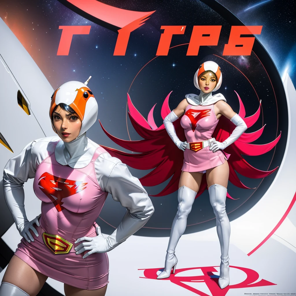 ANI_CLASSIC_jun_gatchaman_ownwaifu,1girl, ,good anatomy, masterpiece, best quality,realistic, hyper realistic, 16k hdr, long hair,breasts,lips,large breasts,lipstick,makeup,gloves,cape,helmet,belt,elbow gloves,white gloves,mask,ultra miniskirt,leotard,spacesuit,white tight overknee highheels boots,pink dress,superhero,bodysuit,cleavage,erected nipples,(stand pose,hands on hip),(spread legs:1.1),cameltoe