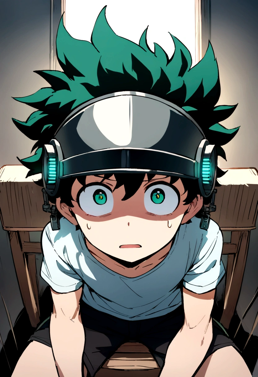 (masterpiece, best quality:1.2), solo, male focus, 1boy, midoriya izuku, short green hair, green eyes, white t-shirt, black shorts, domed helmet with visor covering eyes, mind control device, blank expression in eyes, eyes staring straight forward, mouth hanging open, sitting in chair, view from head on, anime style, my hero academia style