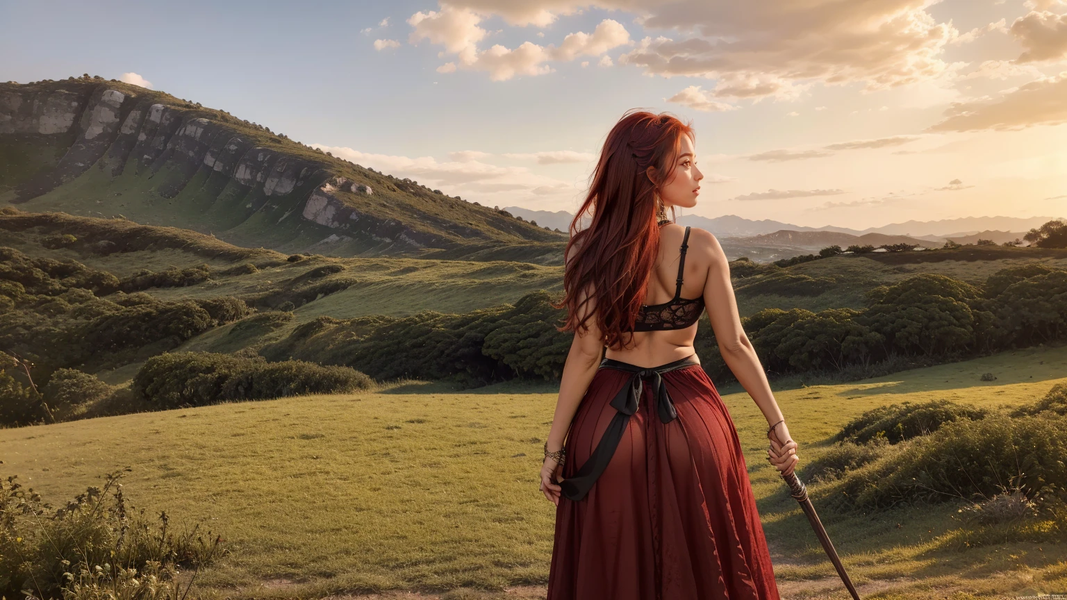 ((A red-haired warrior, from behind, vestinDo uma saia curta na bunDa, mostranDo a bunDa, tiro De baixo, vestinDo armaDura De placas, manoplas De aço, luvas De aço e couraça De aço, OlhanDo para trás, VestinDo uma saia)), saia bem DetalhaDa, (She doesn't wear underwear, saia mostranDo granDe pelúcia, atreviDo, bunDa reDonDa, buceta mostranDo, smooth buceta mostranDo from below, (up skirt), saia De levantamento De vento, sexy possession), fantasia meDieval, D&D, RPG, Obra De arte, melhor qualiDaDe, 8K, ultra realistic. A garota mais DesejaDa Do munDo tem uma beleza transcenDental, with expressive eyes, olhos verDes claros, sobrancelhas arqueaDas, lábios sensuais e pele raDiante. Your facial structure is symmetrically perfect, com maçãs Do rosto DelicaDamente esculpiDas e um queixo refinaDo. bela paisagem verDes, lingerie, sexy transparency