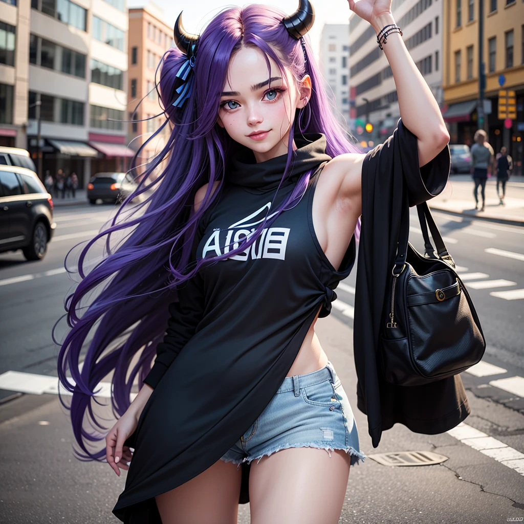 (8k, Raw photo, best quality, masterpiece), ultra high resolution, (realistic, photorealistic), 1 girl, 18 years old, emotionless, only, long purple hair tied, Blue eyes, black horns, Waifu. Big ((95C)) very thin and perfect body
Professional lighting, Detailed lighting, backlighting, depth of field, Natural lighting, intense concentration, selfie, Detailed eyes, realistic eyes, detailed shadow.
In casual, smiles at the camera, standing on the street