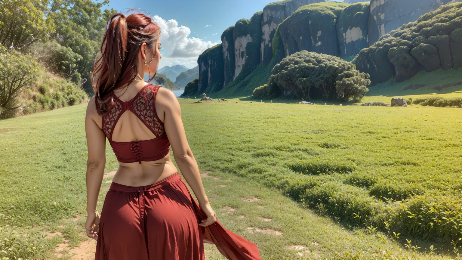 ((A red-haired warrior, from behind, vestinDo uma saia curta na bunDa, mostranDo a bunDa, tiro De baixo, vestinDo armaDura De placas, manoplas De aço, luvas De aço e couraça De aço, OlhanDo para trás, VestinDo uma saia)), saia bem DetalhaDa, (She doesn't wear underwear, saia mostranDo granDe pelúcia, atreviDo, bunDa reDonDa, buceta mostranDo, smooth buceta mostranDo from below, (up skirt), saia De levantamento De vento, sexy possession), fantasia meDieval, D&D, RPG, Obra De arte, melhor qualiDaDe, 8K, ultra realistic. A garota mais DesejaDa Do munDo tem uma beleza transcenDental, with expressive eyes, olhos verDes claros, sobrancelhas arqueaDas, lábios sensuais e pele raDiante. Your facial structure is symmetrically perfect, com maçãs Do rosto DelicaDamente esculpiDas e um queixo refinaDo. bela paisagem verDes, lingerie, sexy transparency
