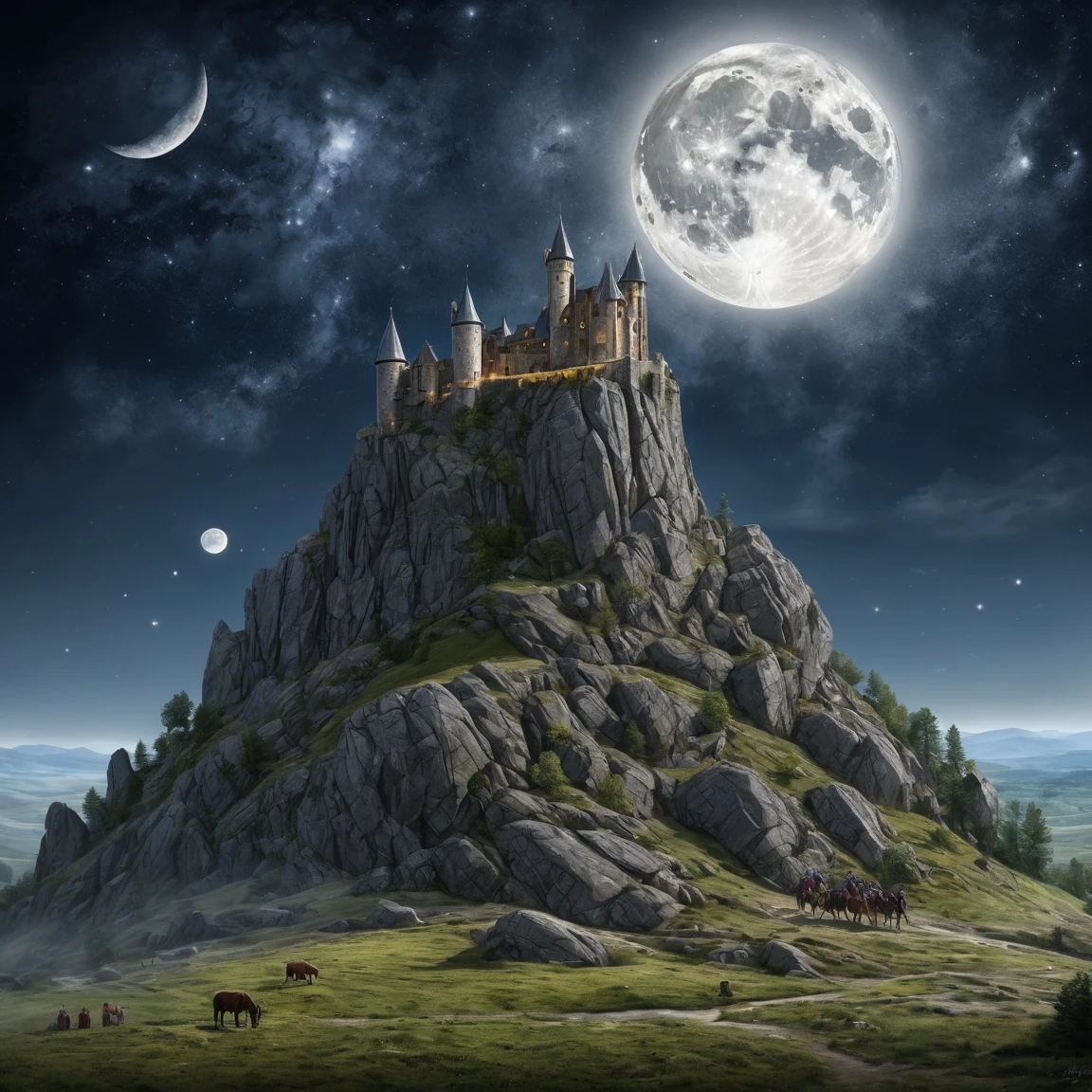 (best quality)), ((masterpiece)), ((realistic,digital art)), (super detailed), (giganstesque tour de guet en gneiss sous un clair de lune), (Medieval style)
