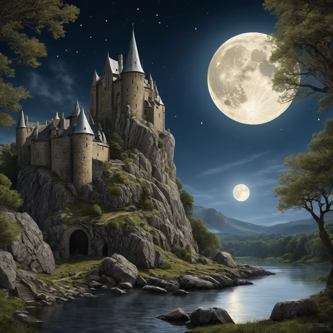 (best quality)), ((masterpiece)), ((realistic,digital art)), (super detailed), (giganstesque tour de guet en gneiss sous un clair de lune), (Medieval style)