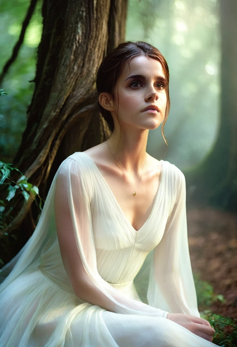 split head and body, Emma Watson, dressed in a flowing white gown, kneels on a misty forest floor, her long brown hair cascading down her back as she gazes up at the ancient tree towering above. Soft morning light filters through the leafy canopy, casting dappled shadows across her determined face.