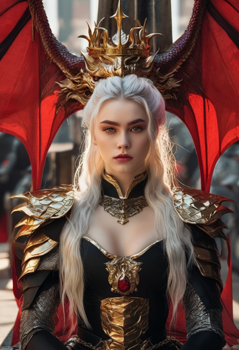 A young 19 year old girl with long white hair and light violet eyes, pale white skin, has her hair in a mini updo with a golden crown with rubies, natural red lips with a small smile, thick bushy white eyebrows and long white eyelashes, stunningly beautiful, wearing a black dress with red and gold embroidered dragons, deep neckline, 170cm tall, standing on an 8 step high platform, behind her is a 190cm tall man with a muscular military-like build, white hair and dark violet eyes, thick white eyebrows, serious expression, wearing golden and silver armor with red and black dragons on the chest, one hand on the woman's waist and the other on the hilt of a sword on his belt, behind them is an iron throne with swords embedded all over, two dragons (one black, one red) behind the throne, and many people kneeling with heads bowed in front of the platform.

(best quality,4k,8k,highres,masterpiece:1.2),ultra-detailed,(realistic,photorealistic,photo-realistic:1.37),beautiful detailed eyes,beautiful detailed lips,extremely detailed eyes and face,longeyelashes,1girl,1man,fantasy portrait,elegant dress,dragon armor,iron throne,kneeling people,dramatic lighting,warm color palette,dramatic shadows,intricate details