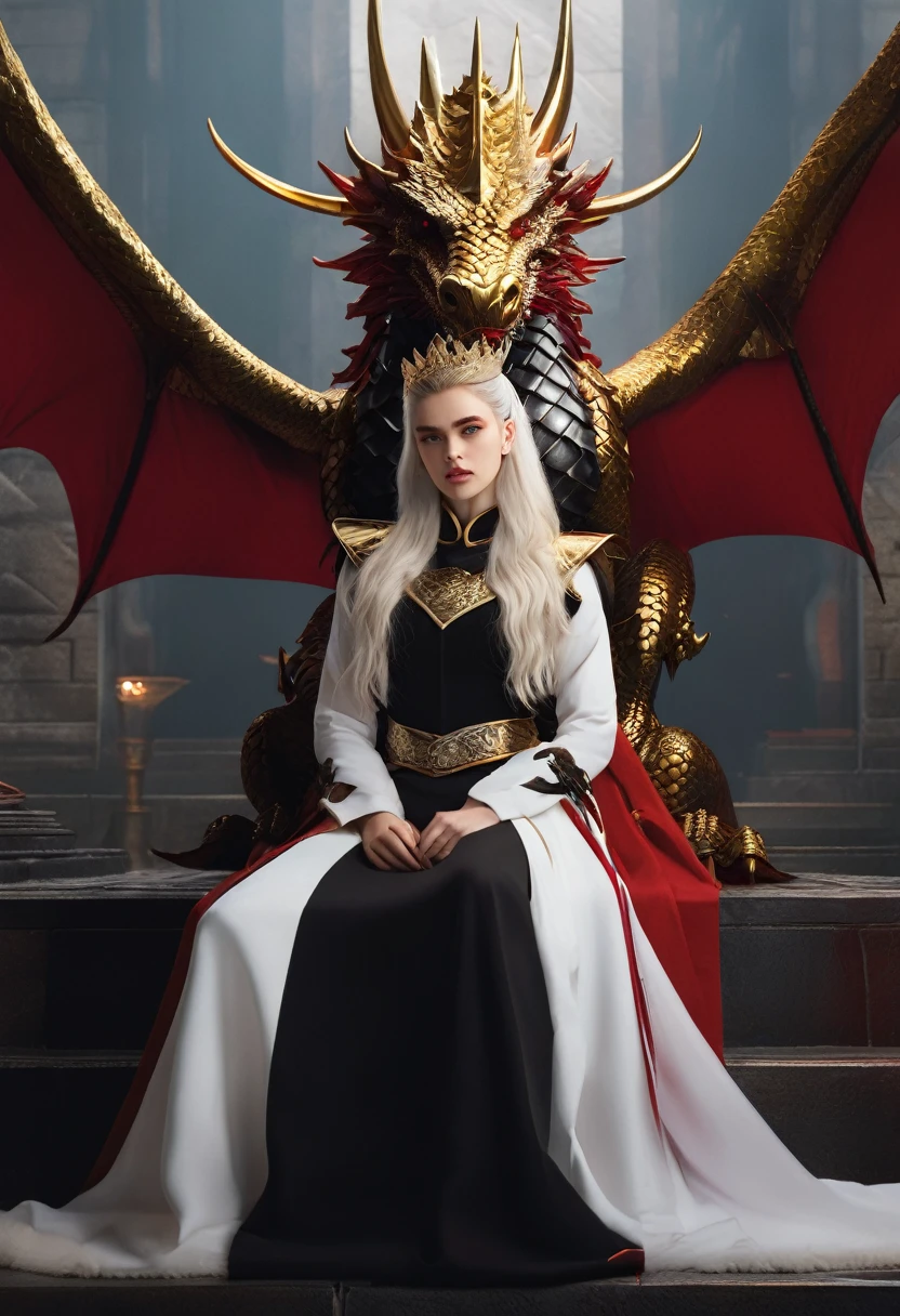 A young 19 year old girl with long white hair and light violet eyes, pale white skin, has her hair in a mini updo with a golden crown with rubies, natural red lips with a small smile, thick bushy white eyebrows and long white eyelashes, stunningly beautiful, wearing a black dress with red and gold embroidered dragons, deep neckline, 170cm tall, standing on an 8 step high platform, behind her is a 190cm tall man with a muscular military-like build, white hair and dark violet eyes, thick white eyebrows, serious expression, wearing golden and silver armor with red and black dragons on the chest, one hand on the woman's waist and the other on the hilt of a sword on his belt, behind them is an iron throne with swords embedded all over, two dragons (one black, one red) behind the throne, and many people kneeling with heads bowed in front of the platform.
(best quality,4k,8k,highres,masterpiece:1.2),ultra-detailed,(realistic,photorealistic,photo-realistic:1.37),beautiful detailed eyes,beautiful detailed lips,extremely detailed eyes and face,longeyelashes,1girl,1man,fantasy portrait,elegant dress,dragon armor,iron throne,kneeling people,dramatic lighting,warm color palette,dramatic shadows,intricate details