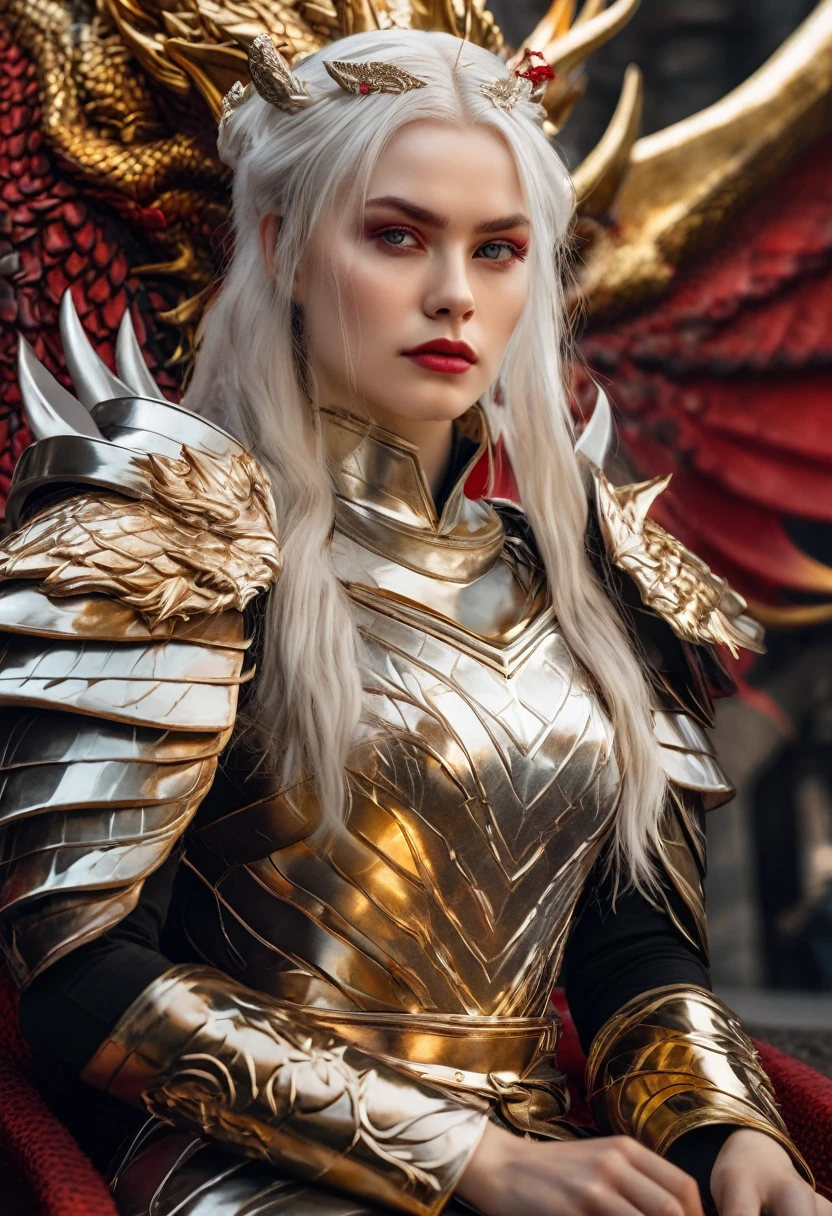 A young 19 year old girl with long white hair and light violet eyes, pale white skin, has her hair in a mini updo with a golden crown with rubies, natural red lips with a small smile, thick bushy white eyebrows and long white eyelashes, stunningly beautiful, wearing a black dress with red and gold embroidered dragons, deep neckline, 170cm tall, standing on an 8 step high platform, behind her is a 190cm tall man with a muscular military-like build, white hair and dark violet eyes, thick white eyebrows, serious expression, wearing golden and silver armor with red and black dragons on the chest, one hand on the woman's waist and the other on the hilt of a sword on his belt, behind them is an iron throne with swords embedded all over, two dragons (one black, one red) behind the throne, and many people kneeling with heads bowed in front of the platform.
(best quality,4k,8k,highres,masterpiece:1.2),ultra-detailed,(realistic,photorealistic,photo-realistic:1.37),beautiful detailed eyes,beautiful detailed lips,extremely detailed eyes and face,longeyelashes,1girl,1man,fantasy portrait,elegant dress,dragon armor,iron throne,kneeling people,dramatic lighting,warm color palette,dramatic shadows,intricate details