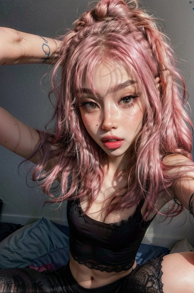 (masterpiece:1.4, best quality), (intricate details), unity 8k wallpaper, ultra detailed, (visually stunning:1.4), latina girl, (nsfw), 1girl, solo, egirl, pink hair, age girl bedroom, gamer girl room, straight hair, freckles,, eyeliner, mascara, eye shadow, nose ring, grin, teeth, egirl_face, couch,small , girl is squatting, on the flor, asking for cum, she wants to covered with cum, blowjob lover, open mouth, naughty face, naughty, excited, oral invitation,she is on the flor,, depth of field, cinematic lighting, from above,masterpiece, realistic, photorealistic, extreme details, detailed face, UHD, 16k, best quality, super detail, highres, textured skin, high details, best quality