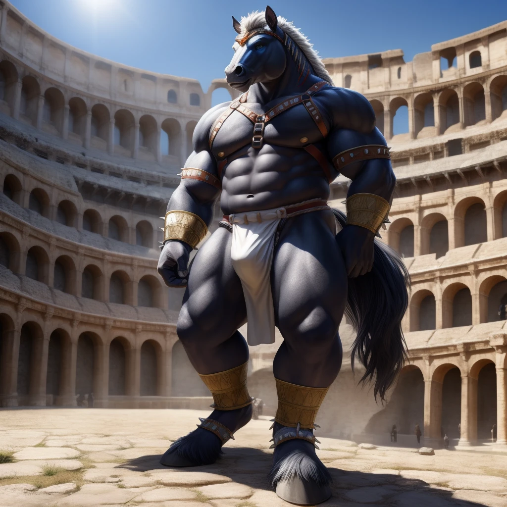 Furry, Kemono, Antropomorphic, humanoid horse, (Color White), Furry Antropometric legs, Hooves, Antro body, Bigg Ass, Male Bulge, Bigg Balls, Full body, Braided Mane, Roman gladiator armor, Gladiator, Black leather harness, Spiked Anklet, White fitted fundoshi, Roman coliseum arena, Blue Pupil Eyes, High Resolution, 4K Detailed, Good Lighting, Beautiful, Photorealistic, Realistic, White Fundoshi, tight loincloth