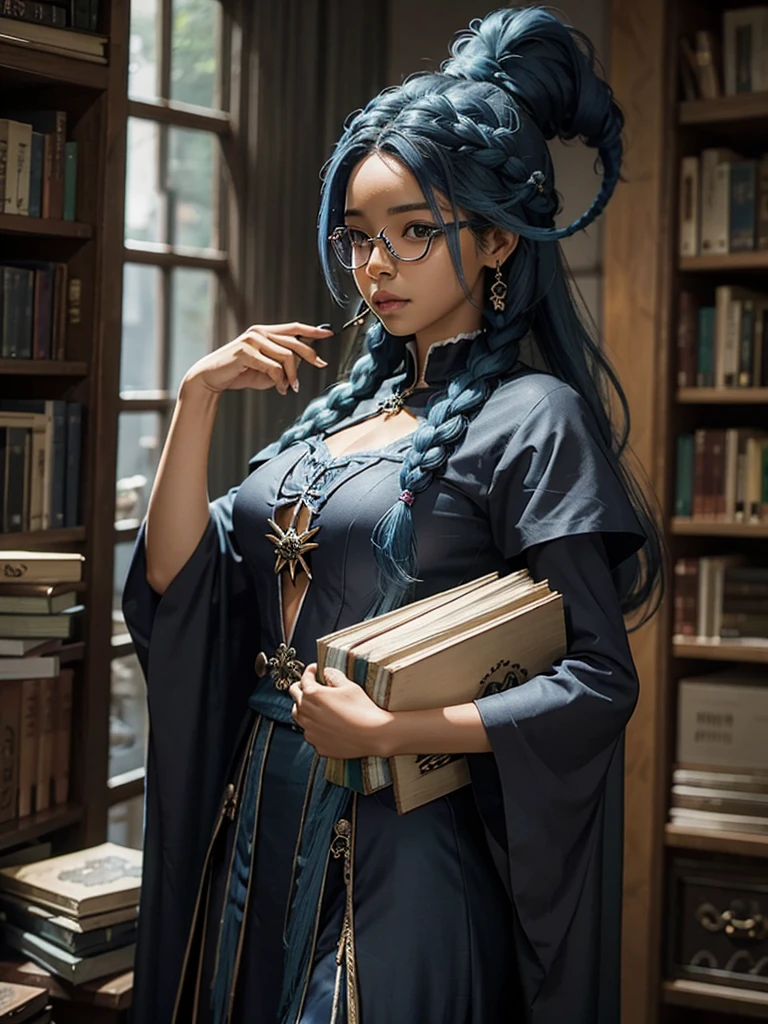 uma garota negra, with blue braids, who wears glasses, carrying books in hands, with manhwa style witch uniform 