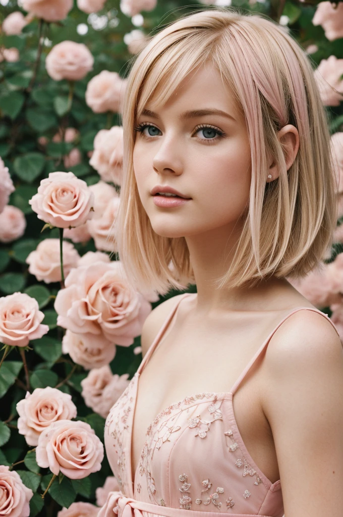 8K, photo and gross, fujifilm, Style photography of a beautiful young girl like Avril in a light pink rose garden. (very detailed skin: 1.2) Style-Petal BREAK short hair, blonde hair with colored highlights, wearing a dress, film grain, 35mm, beautiful style