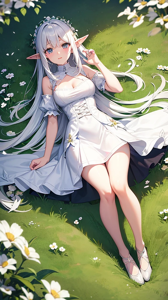 Elf girl frieren with white hair wearing a white dress in a meadow covered in flowers l, anime style