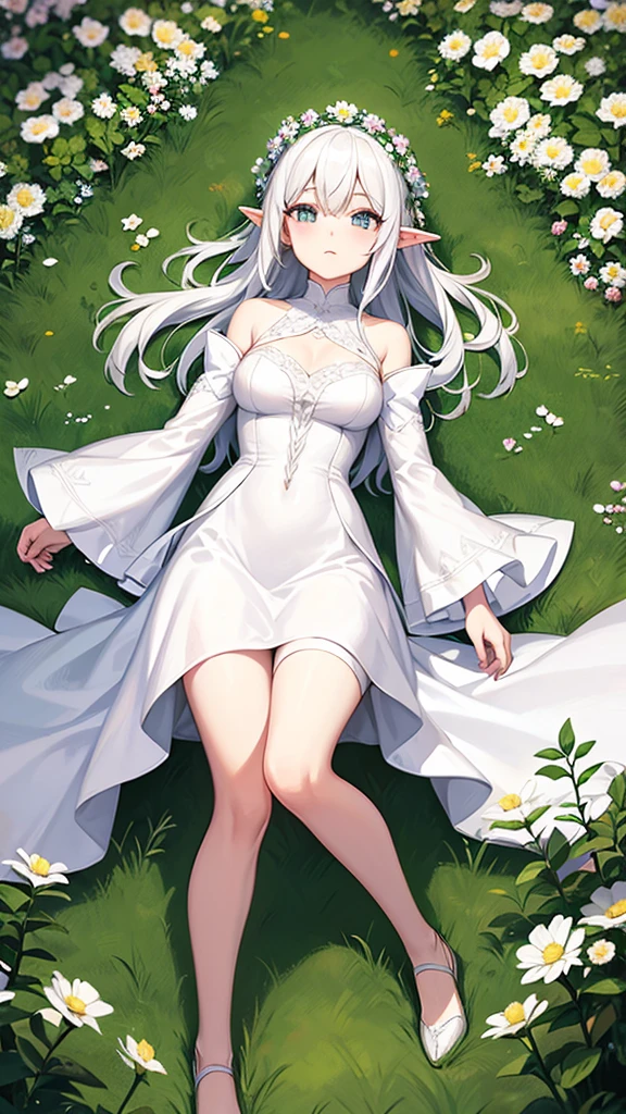 Elf girl frieren with white hair wearing a white dress in a meadow covered in flowers l, anime style