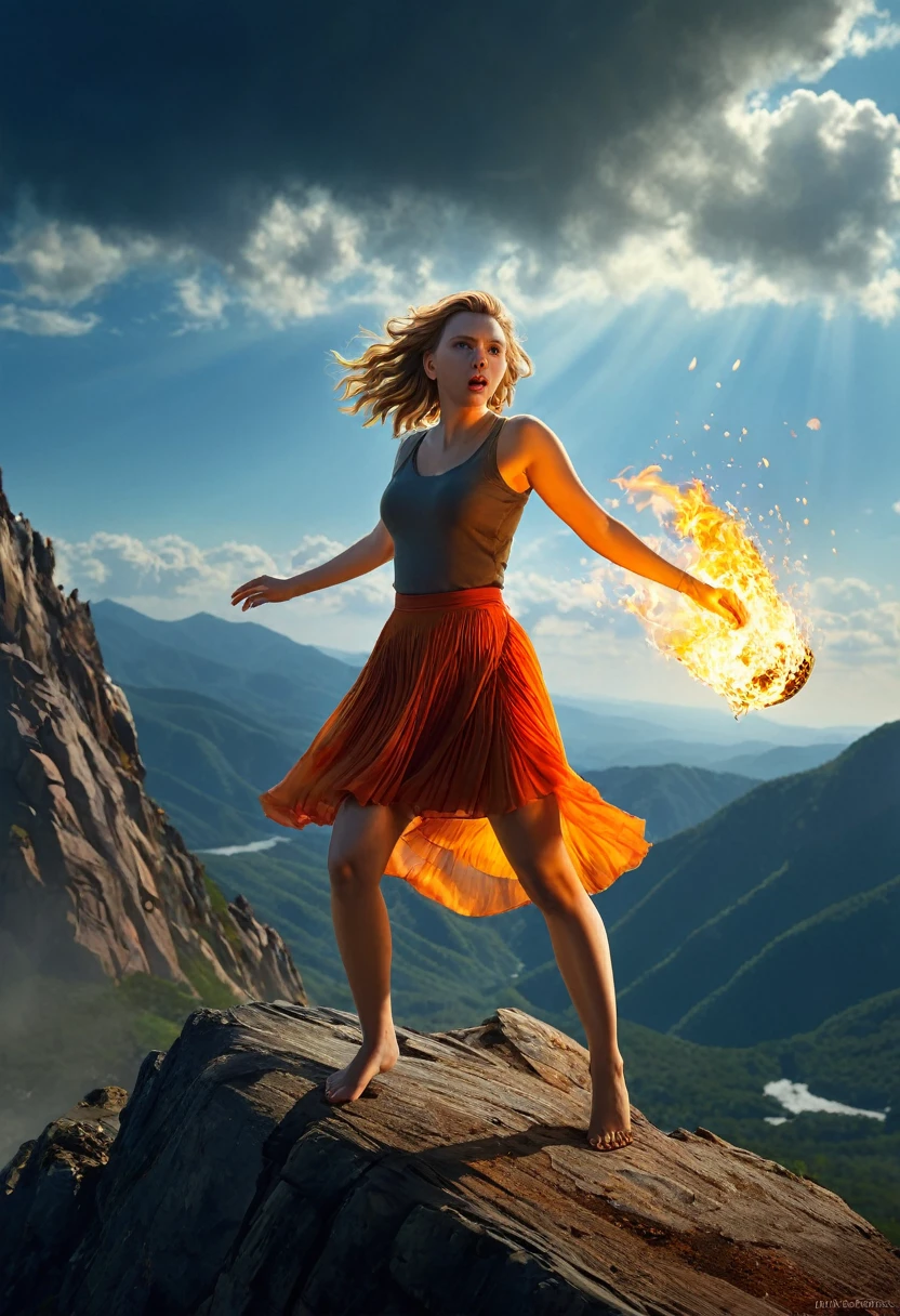 (masterpiece, high quality, Best Quality at best, official art, beauty:1.2),(elelementodefire:1.4),(1 young woman:1.6,,(Scarlett Johansson (Scarlett Johansson)play)),Compuesto por elementos de fire.,muy realist,transparency,Sci-fi lighting effects.,a skirt,fire,culminating,(realist:1.4),raw photographer,vibrant colors,Flow and movement。Standing on top of a mountain,the giant,sexy gesture,the barefoot,without wearing shoes,deep bottom,wonderful and incredible,epic work,(complicated details,Hyperdetail:1.2),art stationasterpiece,Best Quality)ultra-realistic realism, cell shadow, anáglifo, stereograms, point of view, movie lighting, 8K, Super details, acura, Best Quality at best, A high resolution, Award-winning, correct anatomy,delicate face,