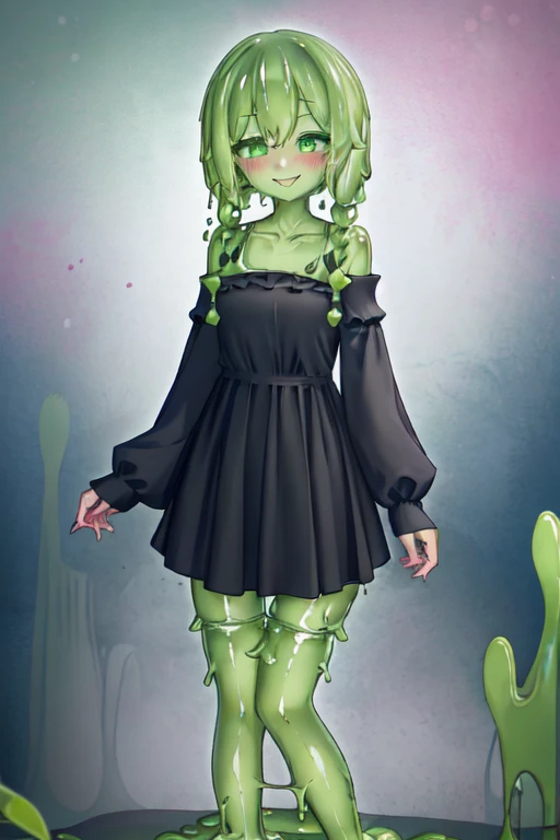 a beautifully detailed slime girl with luminous green eyes, blushing cheeks, shocked expression, standing gracefully in a masterpiece-level illustration, ultra-detailed and high-resolution, 1boy, black business suit 