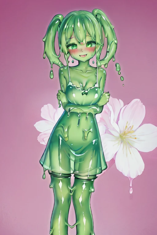 best quality, masterpiece, highres, solo, slime girl, green_eyes, blush, green skin,  collarbone, smile, 1girl, kneesocks, standing 