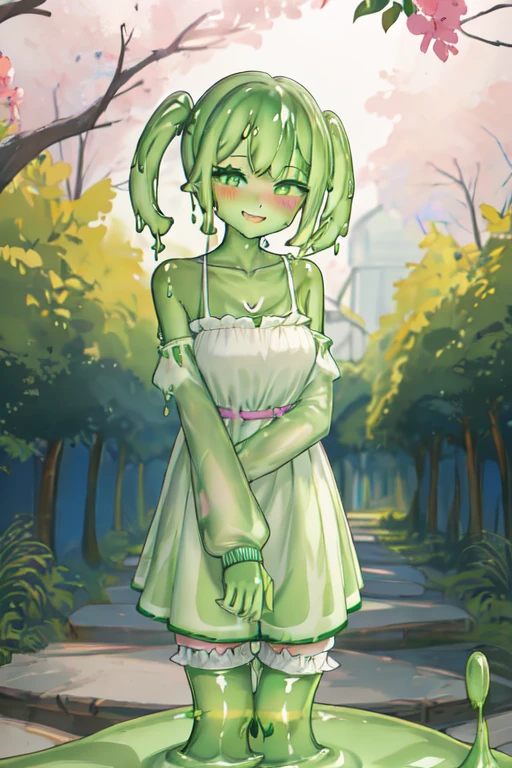 best quality, masterpiece, highres, solo, slime girl, green_eyes, blush, green skin,  collarbone, smile, 1girl, kneesocks, standing 