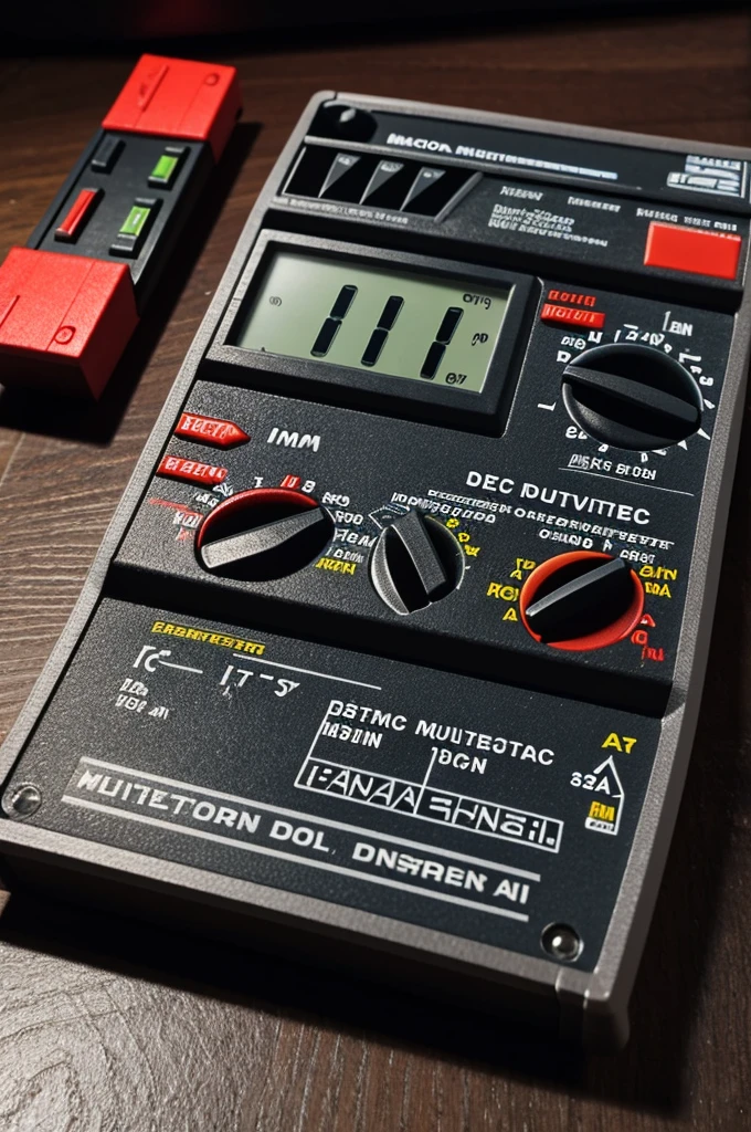 Image of a digital multimeter with labels pointing to the screen, selector and connectors.