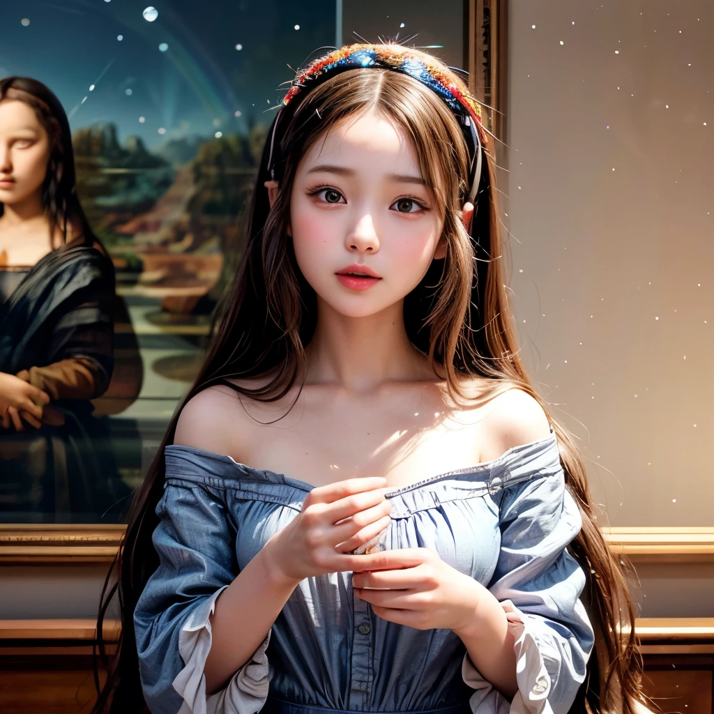 NSFW, 8k, High-level, absurd, masterpiece, best quality, primitive, very detailed CG, very detailed wallpaper, perfect lighting, Extremely detailed (((The personifying " モナリザ " as a ))), MysticSight, Tyndall effect, Tyndall scattering, Studio gray background with (many Dazzling RainbowColor particles BokeH:1.28), (RoundlyButts, ThighGap), (Exposed:0.4), (Assfocus with looking ahead), BREAK (NOGIZAKA face variations) Extremely Detailed very KAWAII face variations, perfect anatomy, Childish, captivating gaze, elaborate detailed Eyes with (sparkling highlights:1.28), long eyelashes、Glossy RED Lips with beautiful details, Coquettish tongue, Rosy cheeks, Radiant PearlSkin with clear transparency . { (Dynamic LifeLike expressions:1.4) | :d) }, (large eyes:-1) .