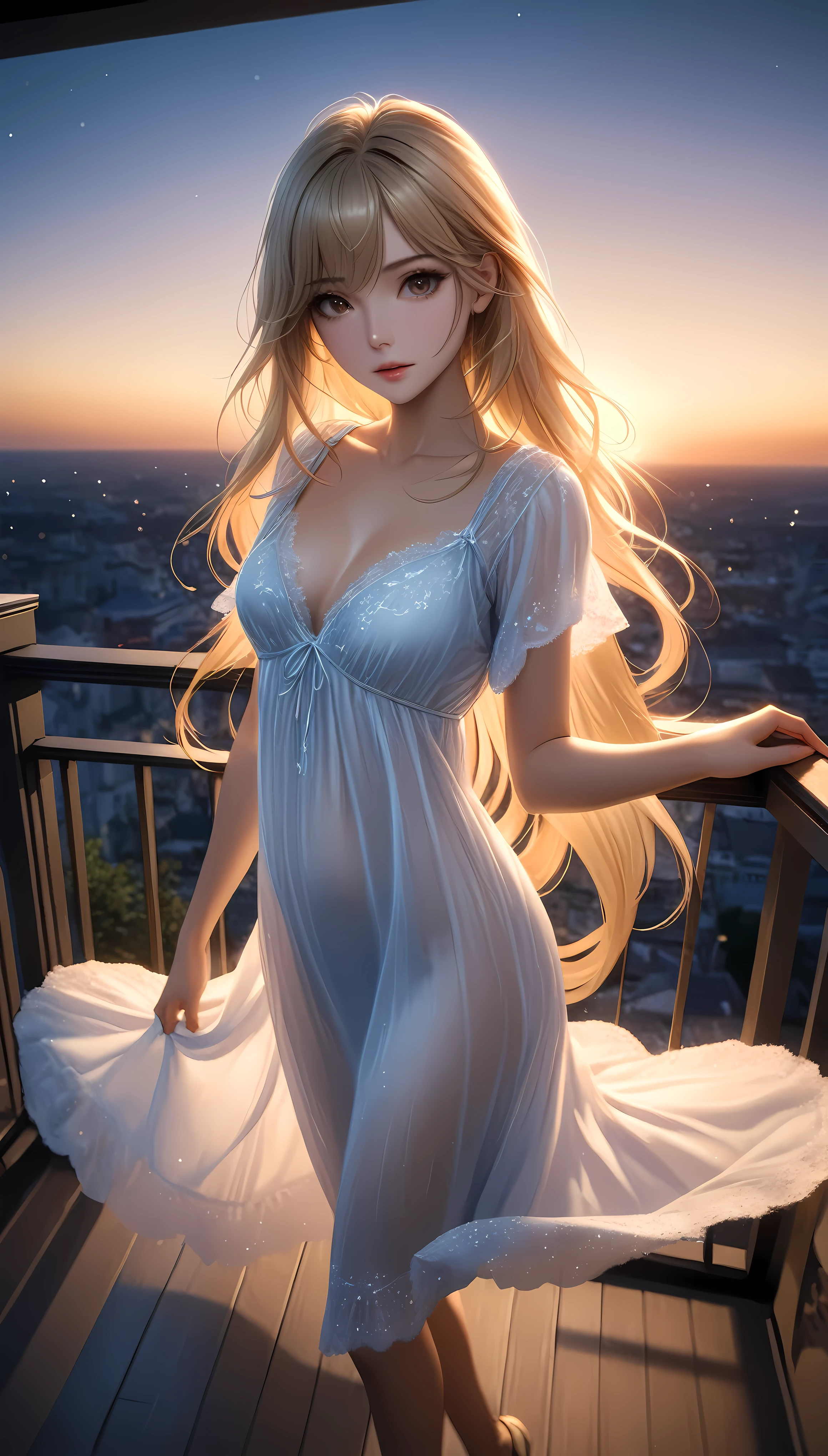 ((Masterpiece in maximum 16K resolution):1.6),((soft_color_photograpy:)1.5), ((Ultra-Detailed):1.4),((Movie-like still images and dynamic angles):1.3), ((motion blur):1.1),((Ultra wide angle):1.5),((fisheye lens photo):1.3). | ((A high-resolution, beautiful blonde woman, wearing a fluttering nightgown, standing on a balcony, sunset sky, detailed facial features, long flowing hair, elegant pose):1.5), ((fluttering night gown):1.3), ((penthouse balcony):1.1), ((motion blur):1.2), ((French supermodel beauty with blonde hair):1.3), ((majestic beauty atmosphere), (shimmer), (visual experience), (Realism), (Realistic), award-winning graphics, dark shot, film grain, extremely detailed, Digital Art, rtx, Unreal Engine, scene concept anti glare effect, All captured with sharp focus. Rendered in ultra-high definition with UHD and retina quality, this masterpiece ensures anatomical correctness and textured skin with super detail. With a focus on high quality and accuracy, this award-winning portrayal captures every nuance in stunning 16k resolution, immersing viewers in its lifelike depiction. Avoid extreme angles or exaggerated expressions to maintain realism. ((perfect_composition, perfect_design, perfect_layout, perfect_detail, ultra_detailed)), ((enhance_all, fix_everything)), More Detail, Enhance.