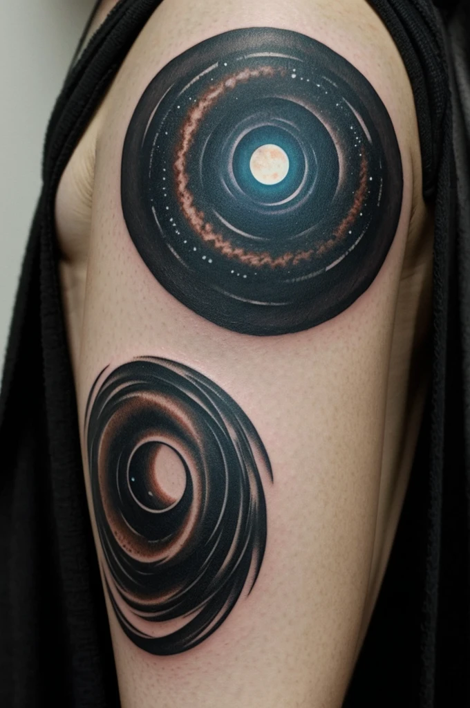 A black hole gargantua tattoo from the interstellar movie that is small and delicate