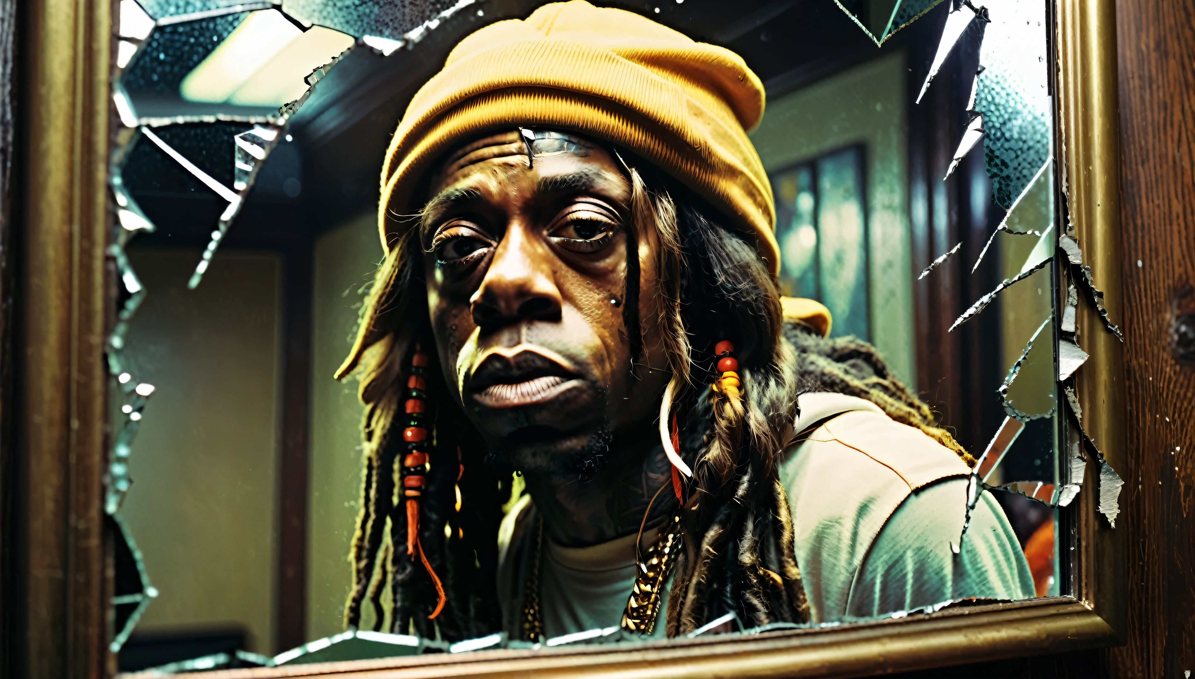 1970s photo of "Lil Wayne" looking at his reflection in a broken mirror, atmospheric perspective, textured skin, cinematic action, super detail,