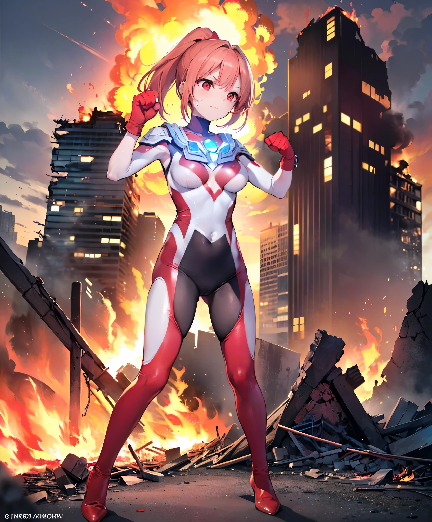 (Close-up:1.3),Realistic,Highest quality, Ultra Detail, High-quality CG rendering, The most delicate and beautiful, Floating softly, High resolution, (1 giant girl), (Highest quality,4K,8K,masterpiece:1.2),(All red hair:1.5), (ponytail:1.5),(Red eyes:1.5), (Ultra Girl:1.0), (All red Ultraman bodysuit:1.4),(Do not expose your skin:1.5),(Slightly larger breasts:1.5),(Clenched Fist:1.2),(Fighting pose with both hands in front of the chest:1.3),(Red gloves:1.3),(Red Shoes:1.3),(whole body:1.3),(Are standing:1.3),(A city engulfed in flames:1.3),(Buildings in flames:1.3),(Burning Ruins:1.3),(front:1.2),Angry face,Close your mouth,(sweating:1.3)
