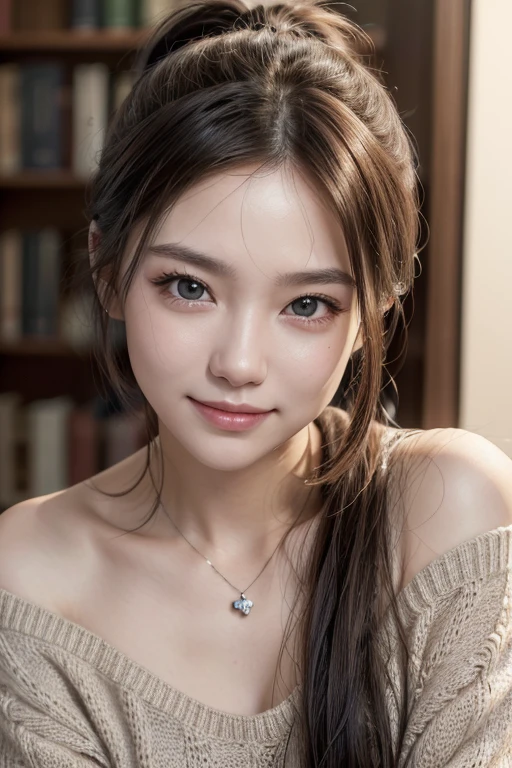 (work of art:1.3), (8K, photorrealistic, CRU photo, best quality image: 1.4), (full body photo) Japanese 、(Ponytail hair:1.2)、neckleace:1.2、super detailed face、Attention to the details、double eyelid、Bring your chest together、sharp focus:1.2、Beautiful woman:1.4、Bblack hair、highest quallity、work of art、Super high resolution、(photorrealistic:1.4)、Large, highly detailed and professionally lit smile、Loose, light knitwear、Shoulder out、fine tune、serious expression、shorth hair、Deadly position,