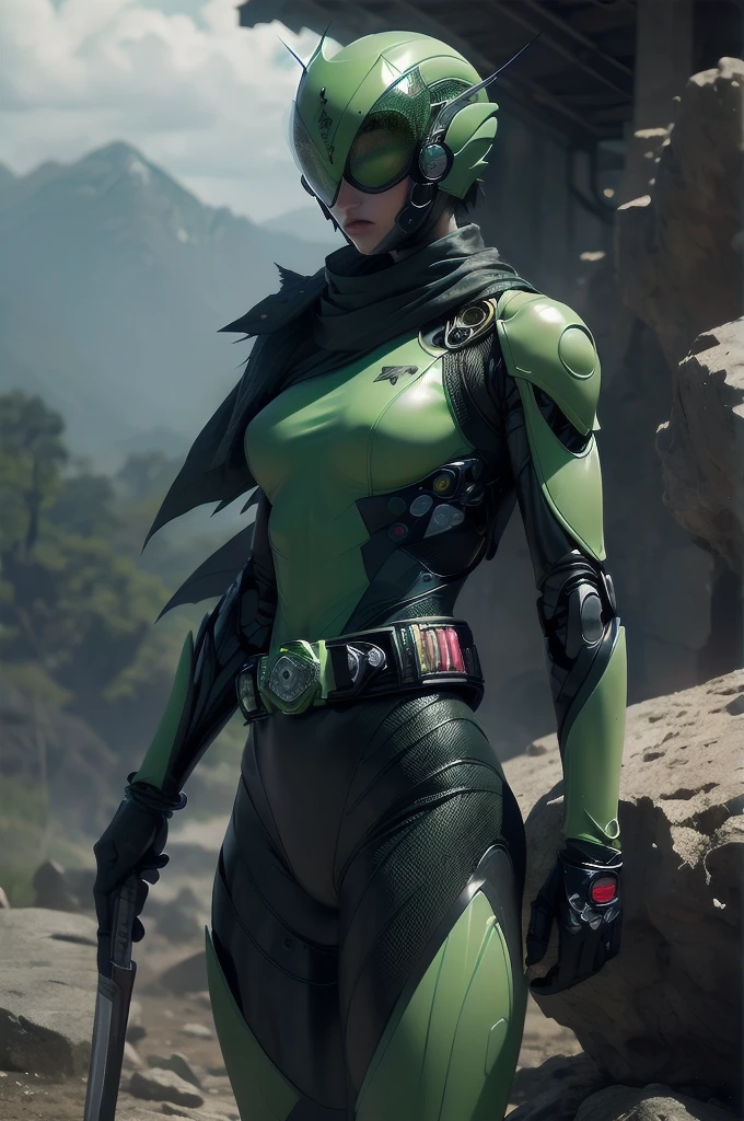 (Rocky wasteland [quarry],Dark Green Kamen Rider Girl 19 years old (Skinny) [praying mantis] (Round compound eyes Clear green),(Black leather suit [Muscle-fitted black protector]) (Bionic Belt [Shiny belt buckle])  [(Translucent scarf [Thin wings]) sense of touch,spines,tusk,the scythe,Multi-arm],[biotechnology,giger].