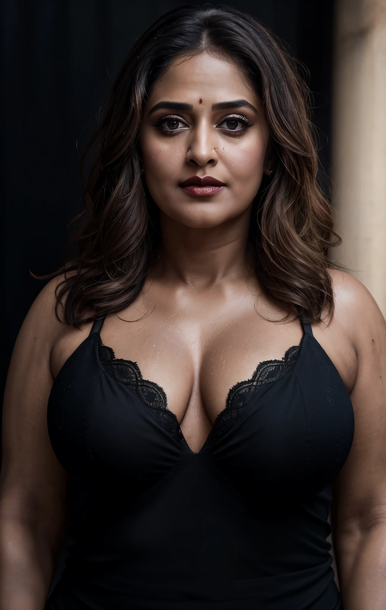 50yo mature MILF Anushka Shetty,((best quality)), ((masterpiece)), ((realistic)), eye kajal, mascara, red lips, sensual Beauty, mommy, full figured mommy, provoking body, extreme sweat, sweat soaked skin, slight stretch marks, alluring figure, bulging figure, thick charming lady, curvy, thick navel, full figured woman, eye kajal, massive breast, full body, styled hair, pierced eyes, female face,royal aura, trend on artstation , sharp focus, studio photo, intricate detail, very detailed, detailed eye, illustration, very detailed, sharp focus, digital render, professional, 4k
