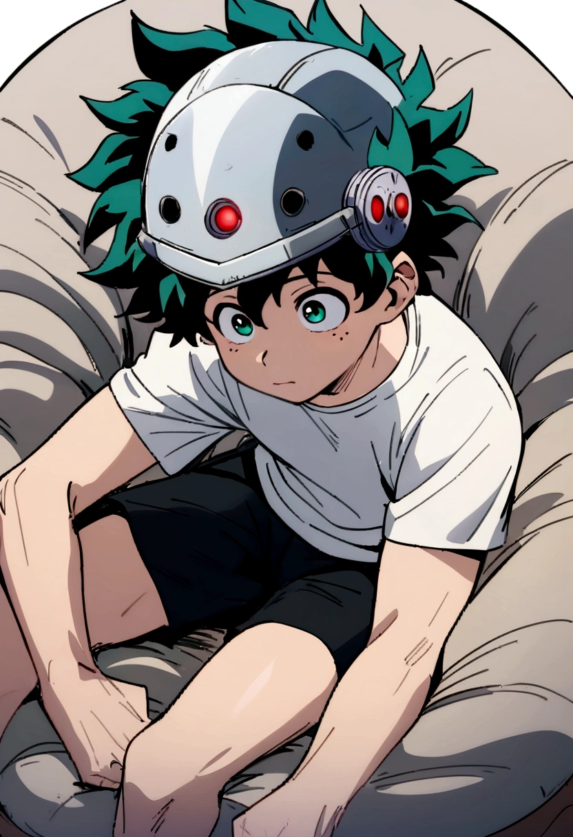 (masterpiece, best quality:1.2), solo, male focus, 1boy, midoriya izuku, short green hair, green eyes, white t-shirt, black shorts, domed helmet with visor covering eyes, mind control device, vacant expression, mouth hanging open, sitting in bean bag, anime style, my hero academia style
