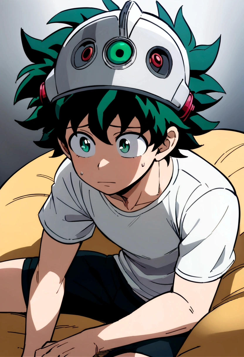 (masterpiece, best quality:1.2), solo, male focus, 1boy, midoriya izuku, short green hair, green eyes, white t-shirt, black shorts, domed helmet with visor covering eyes, mind control device, vacant expression, mouth hanging open, sitting in bean bag, anime style, my hero academia style