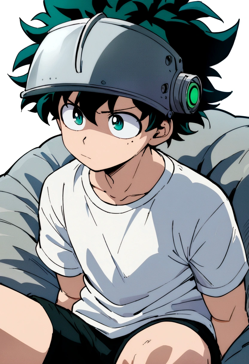 (masterpiece, best quality:1.2), solo, male focus, 1boy, midoriya izuku, short green hair, green eyes, white t-shirt, black shorts, domed helmet with visor covering eyes, mind control device, vacant expression, mouth hanging open, sitting in bean bag, anime style, my hero academia style