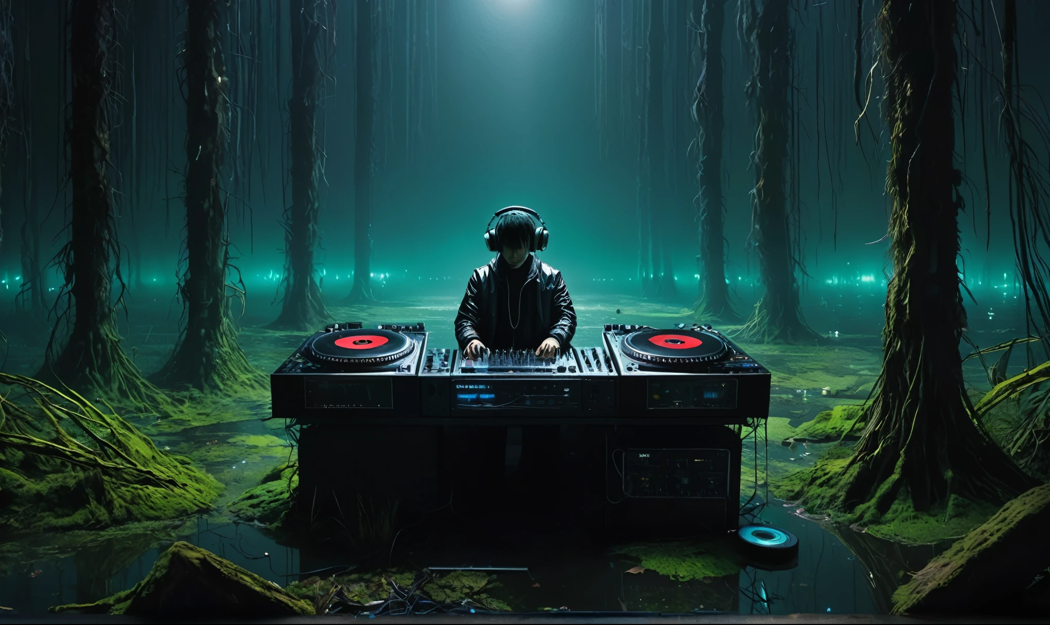 A cyberpunk DJ mixes synthetic beats in a dark swamp、Will o' Wisp drawing ink art leading you astray、Beautifully detailed digital illustrations, Line art, PENeonUV(Peneon UV)