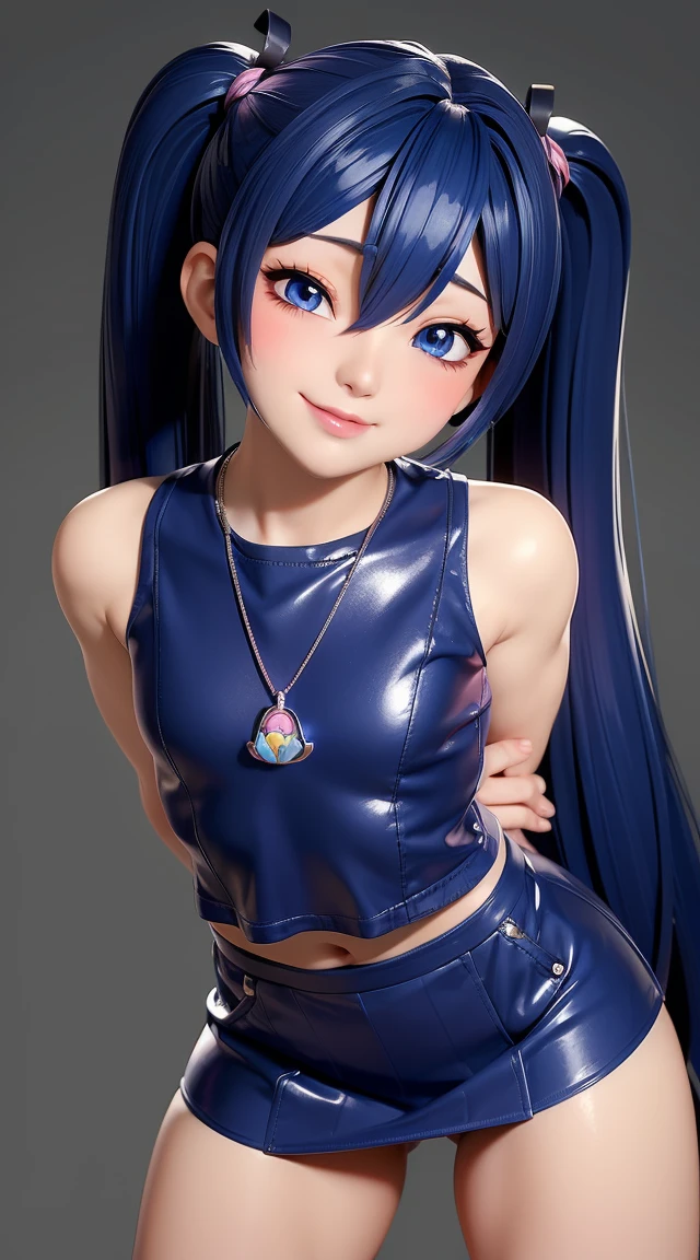  (masterpiece:1.3), (Best Quality:1.3), (Ultra-detailed:1.2), ((kawaii)), Cute, (lovely), ((sexy)), ((Extremely detailed)), 4K, (8K), Best Quality, (Beautiful), Illustration, anime style, (bold line:1.2), Gradation, looking at viewer, //, (bent down:1.1), (arms behind back), //, a cute girl, 1girl, (solo:1.2), gleaming skin, //, (flat chested), (Perfect eyes:1.2), (Perfect iris:1.2), //, darkblue hair color, (beautiful eyes) //, (half closed eyes:1.3), (sexual expression:1.2), Fascinated expression, smile, (blush:1.2), //, modern city background, on rock, twin tails, muscle girl, hard abs, exposed abs, NECKLACE, tight blouse, skirt