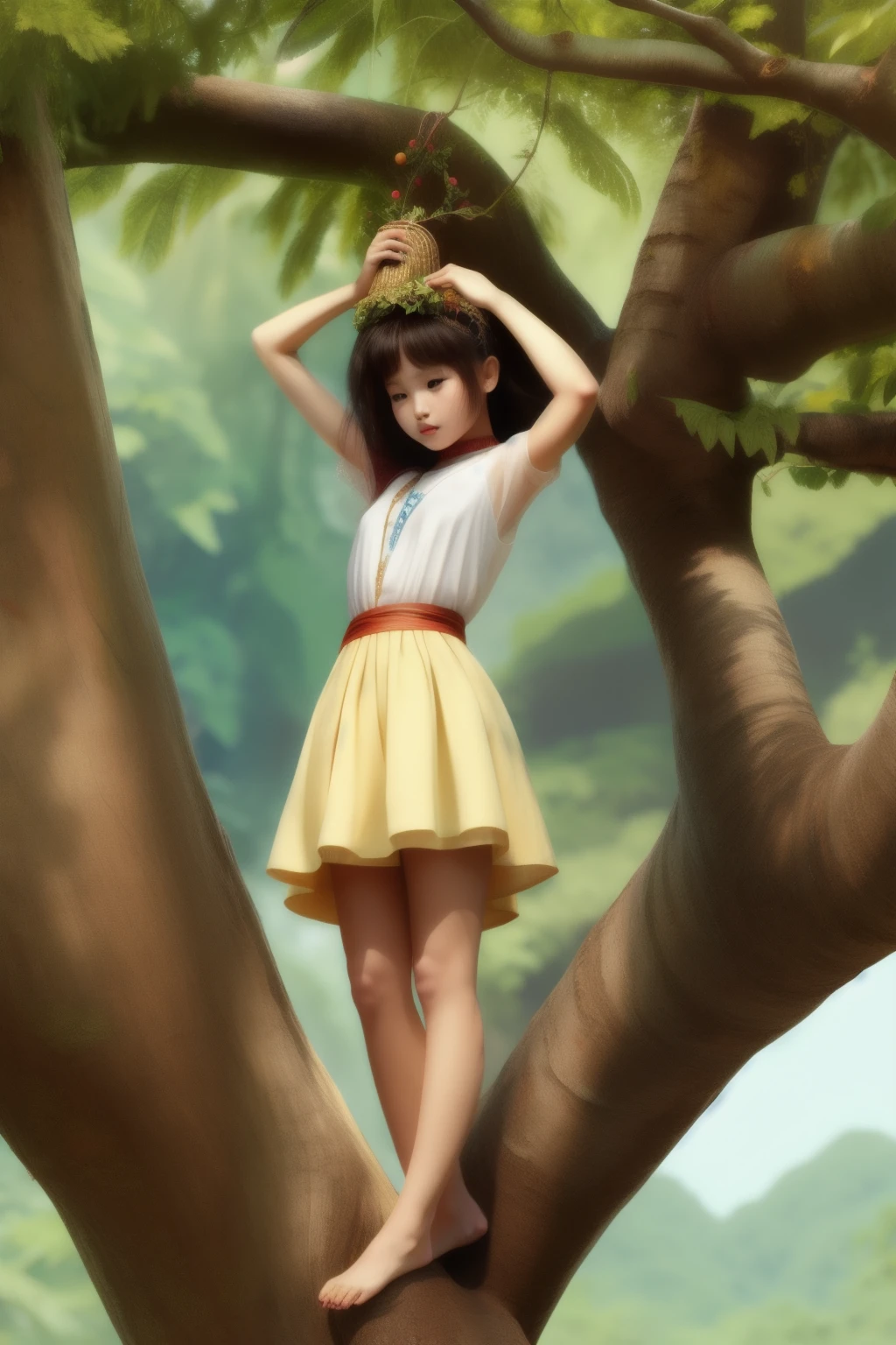 young female creatures. The maidens grow attached by their head from the tree branches This tree grows at the Himaphan, a mythical forest where the female fruits are enjoyed by the Gandharvas who cut the fruits and take them away, A girl born from the fruit of a strange tree.