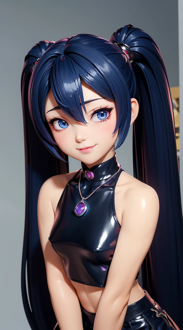 (masterpiece:1.3), (Best Quality:1.3), (Ultra-detailed:1.2), ((kawaii)), Cute, (lovely), ((sexy)), ((Extremely detailed)), 4K, (8K), Best Quality, (Beautiful), Illustration, anime style, (bold line:1.2), Gradation, looking at viewer, //, (bent down:1.1), (arms behind back), //, a cute girl, 1girl, (solo:1.2), gleaming skin, //, (flat chested), (Perfect eyes:1.2), (Perfect iris:1.2), //, darkblue hair color, (beautiful eyes) //, (half closed eyes:1.3), (sexual expression:1.2), Fascinated expression, smile, (blush:1.2), //, modern city background, on rock, twin tails, muscle girl, hard abs, exposed abs, NECKLACE, tight blouse, skirt