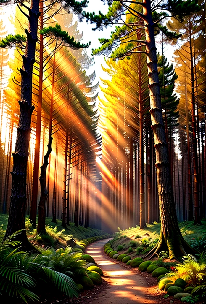  A forest with sunbeams filtering through the trees.