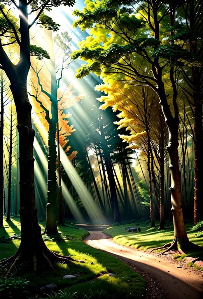  A forest with sunbeams filtering through the trees.