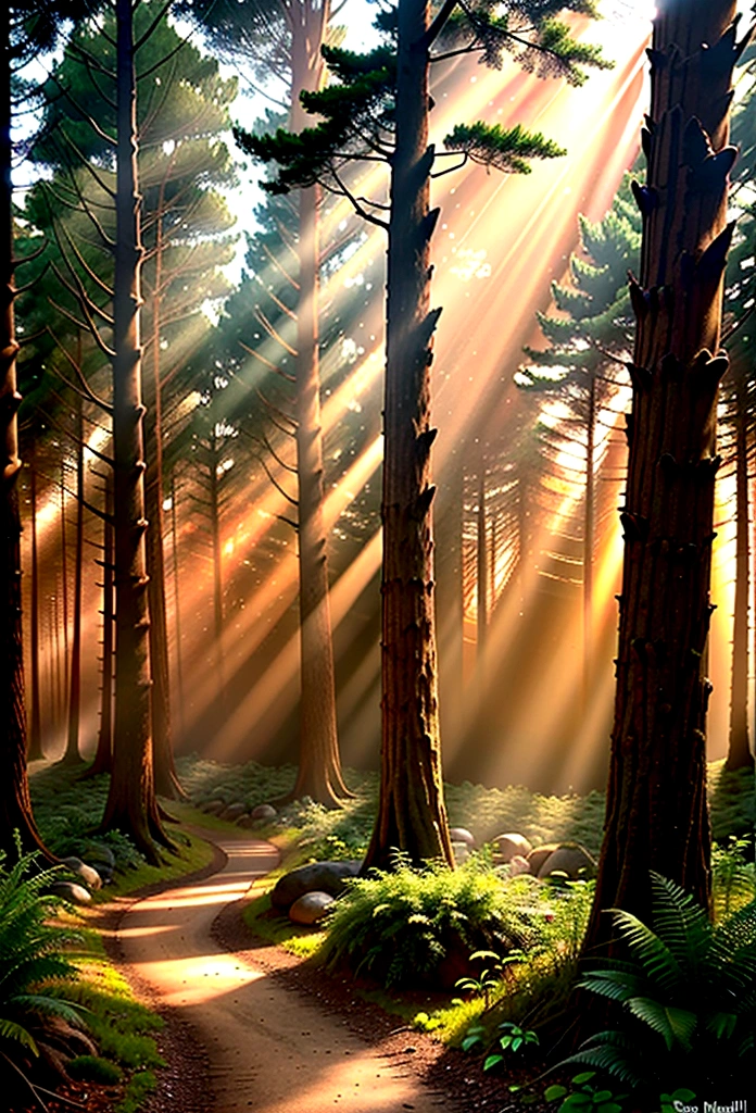  A forest with sunbeams filtering through the trees.