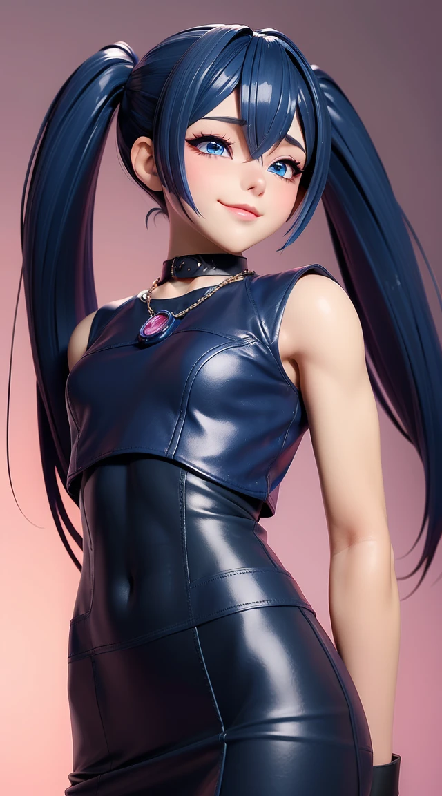 (masterpiece:1.3), (Best Quality:1.3), (Ultra-detailed:1.2), ((kawaii)), Cute, (lovely), ((sexy)), ((Extremely detailed)), 4K, (8K), Best Quality, (Beautiful), Illustration, anime style, (bold line:1.2), Gradation, looking at viewer, //, (bent down:1.1), (arms behind back), //, a cute girl, 1girl, (solo:1.2), gleaming skin, //, (flat chested), (Perfect eyes:1.2), (Perfect iris:1.2), //, darkblue hair color, (beautiful eyes) //, (half closed eyes:1.3), (sexual expression:1.2), Fascinated expression, smile, (blush:1.2), //, modern city background, on rock, twin tails, muscle girl, hard abs, exposed abs, NECKLACE, tight blouse, skirt