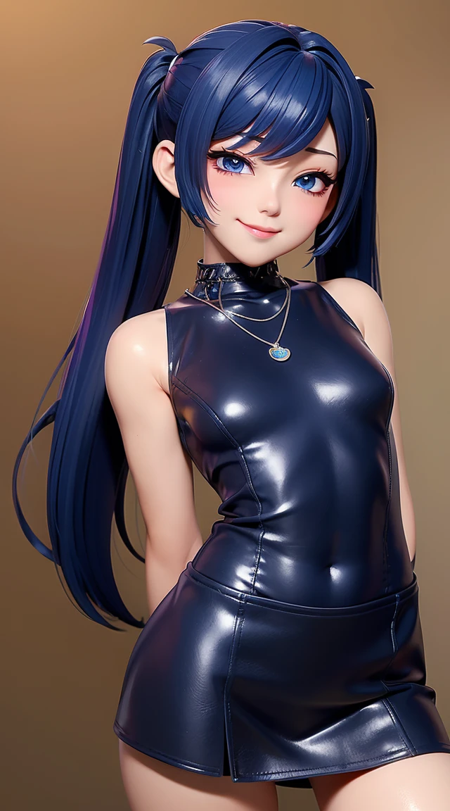 (masterpiece:1.3), (Best Quality:1.3), (Ultra-detailed:1.2), ((kawaii)), Cute, (lovely), ((sexy)), ((Extremely detailed)), 4K, (8K), Best Quality, (Beautiful), Illustration, anime style, (bold line:1.2), Gradation, looking at viewer, //, (bent down:1.1), (arms behind back), //, a cute girl, 1girl, (solo:1.2), gleaming skin, //, (flat chested), (Perfect eyes:1.2), (Perfect iris:1.2), //, darkblue hair color, (beautiful eyes) //, (half closed eyes:1.3), (sexual expression:1.2), Fascinated expression, smile, (blush:1.2), //, modern city background, on rock, twin tails, muscle girl, hard abs, exposed abs, NECKLACE, tight blouse, skirt