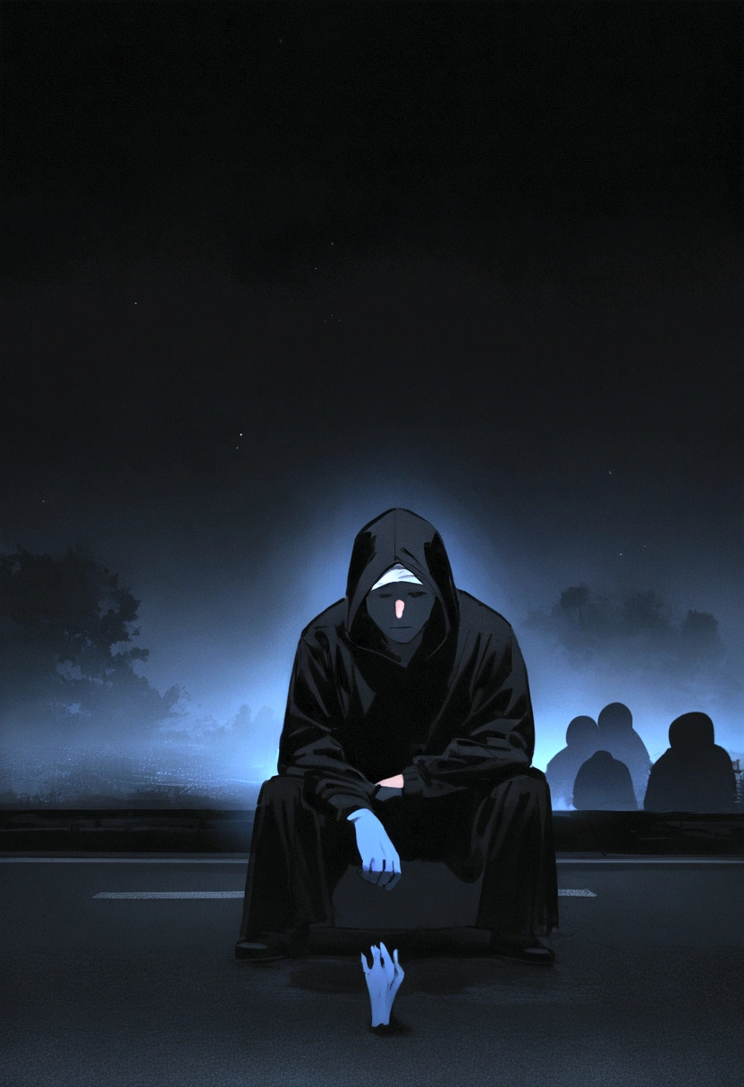 Depressed man in black hoodie, Person sitting on the side of the road at night, Think, with face not visible, There is a blue cast in the photo