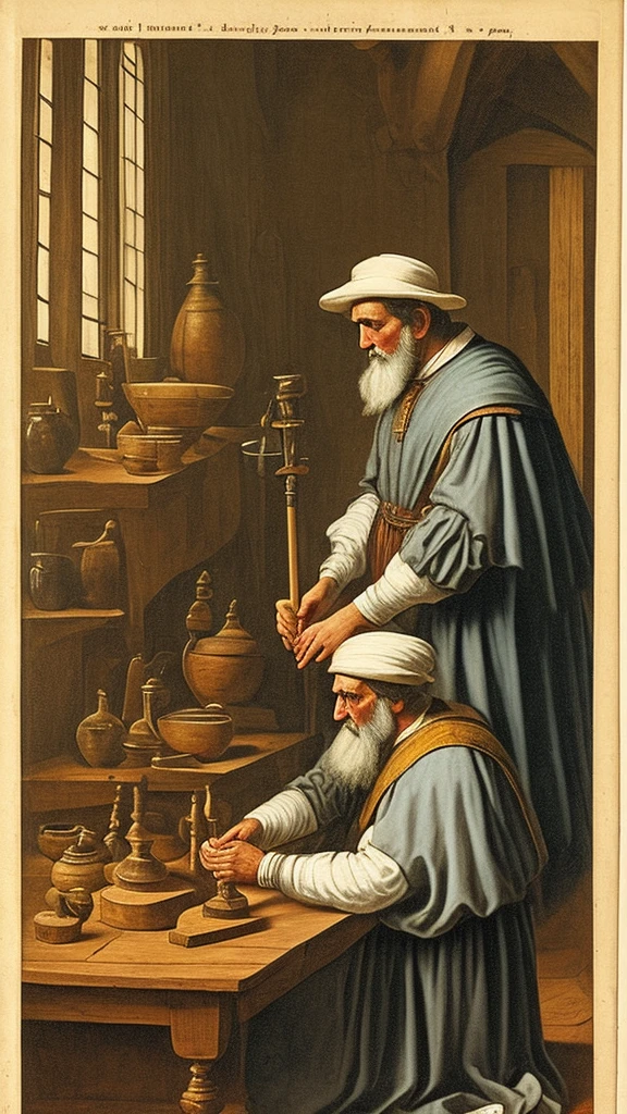 Local: Interior of a medieval doctor's office, with natural light coming in through a small window. The furniture is rustic and simple, composed of a wooden table, some chairs and shelves with books and medical instruments.
era: medieval era, end of the 14th century.
atmosphere: Serious and tense, with the doctor focused on his work and the patient enduring the pain in silence.
Personagens:
Doctor: a middle aged man, with beard and gray hair. Wears a dark tunic and a tall hat. He is kneeling next to the wooden table, with his face scrunched up in concentration. In the right hand, he holds a tool that resembles a hand drill.