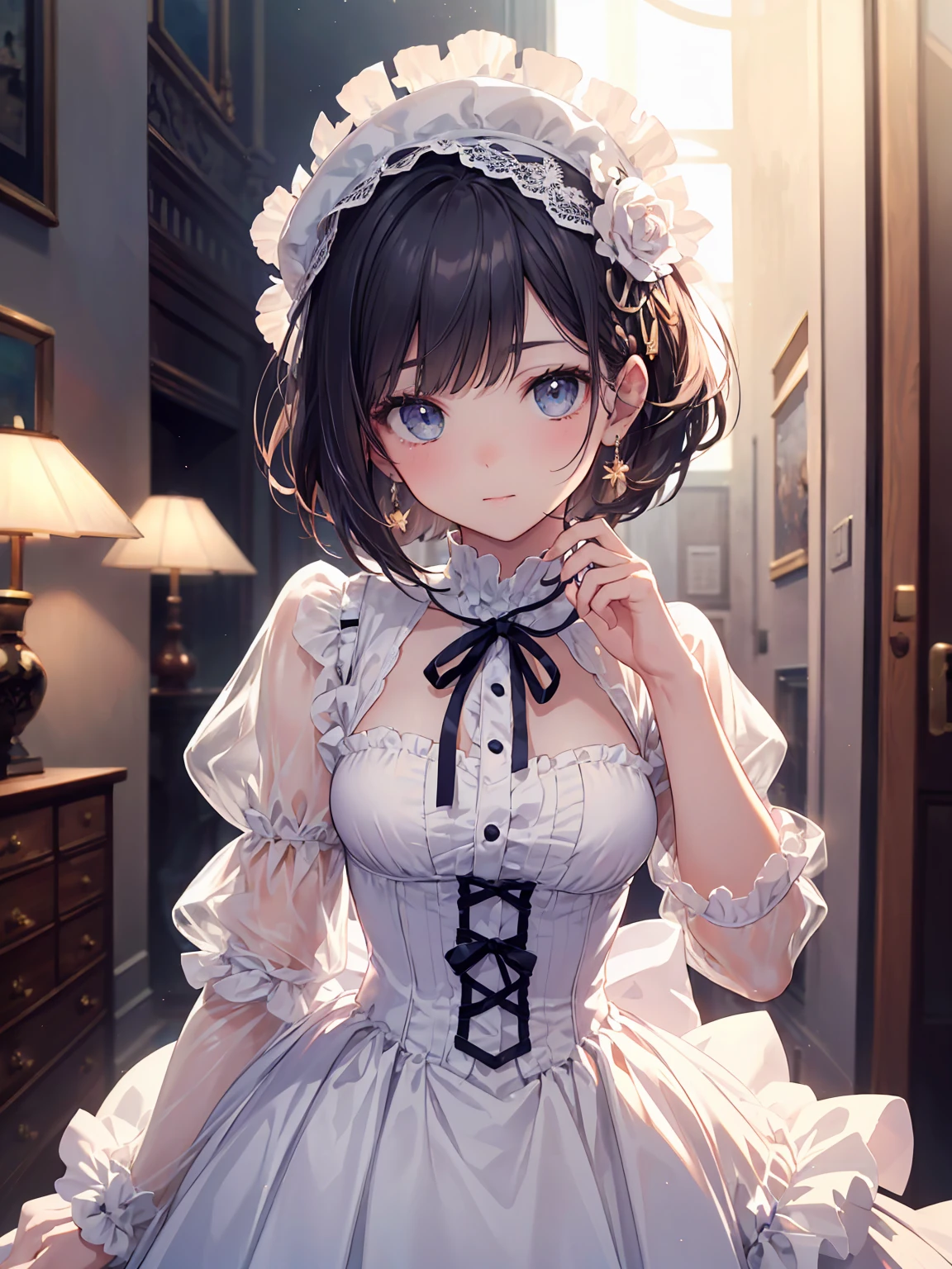 (Highest quality、16K、masterpiece、Ultra-high resolution、Victorian era、Photorealistic:1.2)、Cowboy Shot、One-length bob cut braided hair clip with front drop、Big ribbon、Stylish dresses from the brand、Dressy styles that are glamorous and pretty, with an emphasis on cuteness, bright shades and pop designs、cute、clear、 Tsundere、Heroine&#39;s Attributes、Artistic shading、Perfect Face、Detailed portrait、
