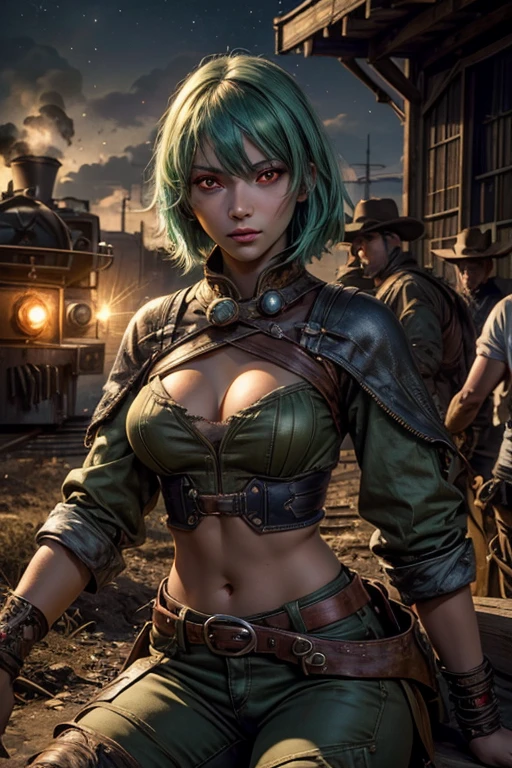 emeraldsustrai, emerald sustrai, short hair, (red eyes:1.5), (green hair), dark skin, dark-skinned female, navel, cleavage, midriff, belt, cleavage cutout, chaps, night, moon, stars, sitting, ((broken suspension bridge, near old steam train)), post-apocalypse, dystopian future, crowd, (crowd in military uniforms), bonfires, (volumetric lighting),  intricate details, tonemapping, sharp focus, hyper detailed, (cowboy shot:1.5), BREAK (masterpiece:1.2), best quality, high resolution, unity 8k wallpaper, (illustration:0.8), (beautiful detailed eyes:1.6), extremely detailed face, perfect lighting, extremely detailed CG, (perfect hands, perfect anatomy),