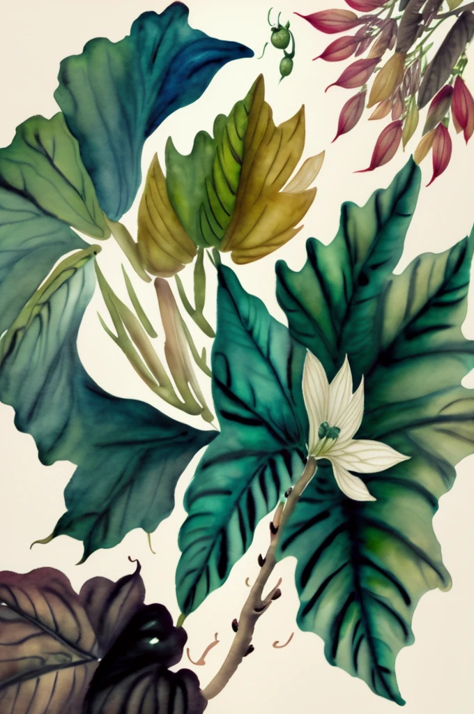 masterpieceof botanic illustration in watercolor on white paper of a pair of brugmansia flowers with a branch, an oval green fruit and some leaves