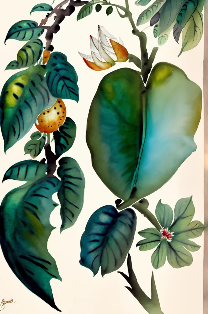 masterpieceof botanic illustration in watercolor on white paper of a pair of brugmansia flowers with a branch, an oval green fruit and some leaves