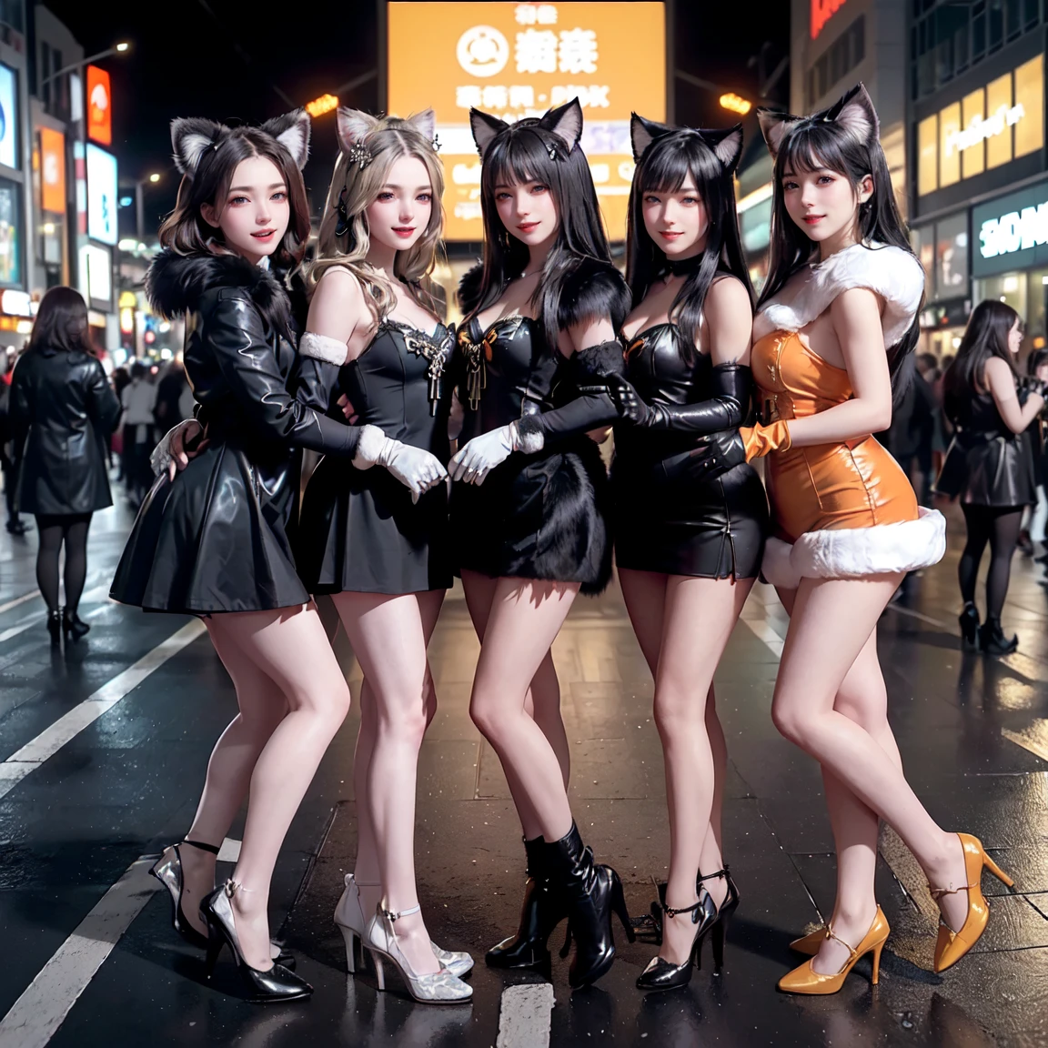 masterpiece, top-quality, top-quality, Beautifully Aesthetic:1.2, ((3girls)), Halloween night,
((Middle girl is Wearing a high-quality Black Cat costume of fur, gloves of Cat, fur miniskirt):1.2), high detailed,
((Left girl is Wearing a high-quality Red Cat costume of fur, gloves of Cat, fur miniskirt):1.2), high detailed,
((Right girl is Wearing a high-quality Blue Cat costume of fur, gloves of Cat, fur miniskirt):1.2), high detailed,
(Three girls are standing side by side in a neat line:1.3), large breasts, firm breast, nicely shaped breasts, slender figure,
((Dark Brown Hair)), wavy hair, (medium long hair:1.2),
((At the middle of very crowded Shibuya Scramble Crossing decorated with Halloween decorations at late night:1.2)), ((Surrounded by many people dancing for Three girls)), (Full body shot:1.1), (From side:1.3), (Looking at viewer),